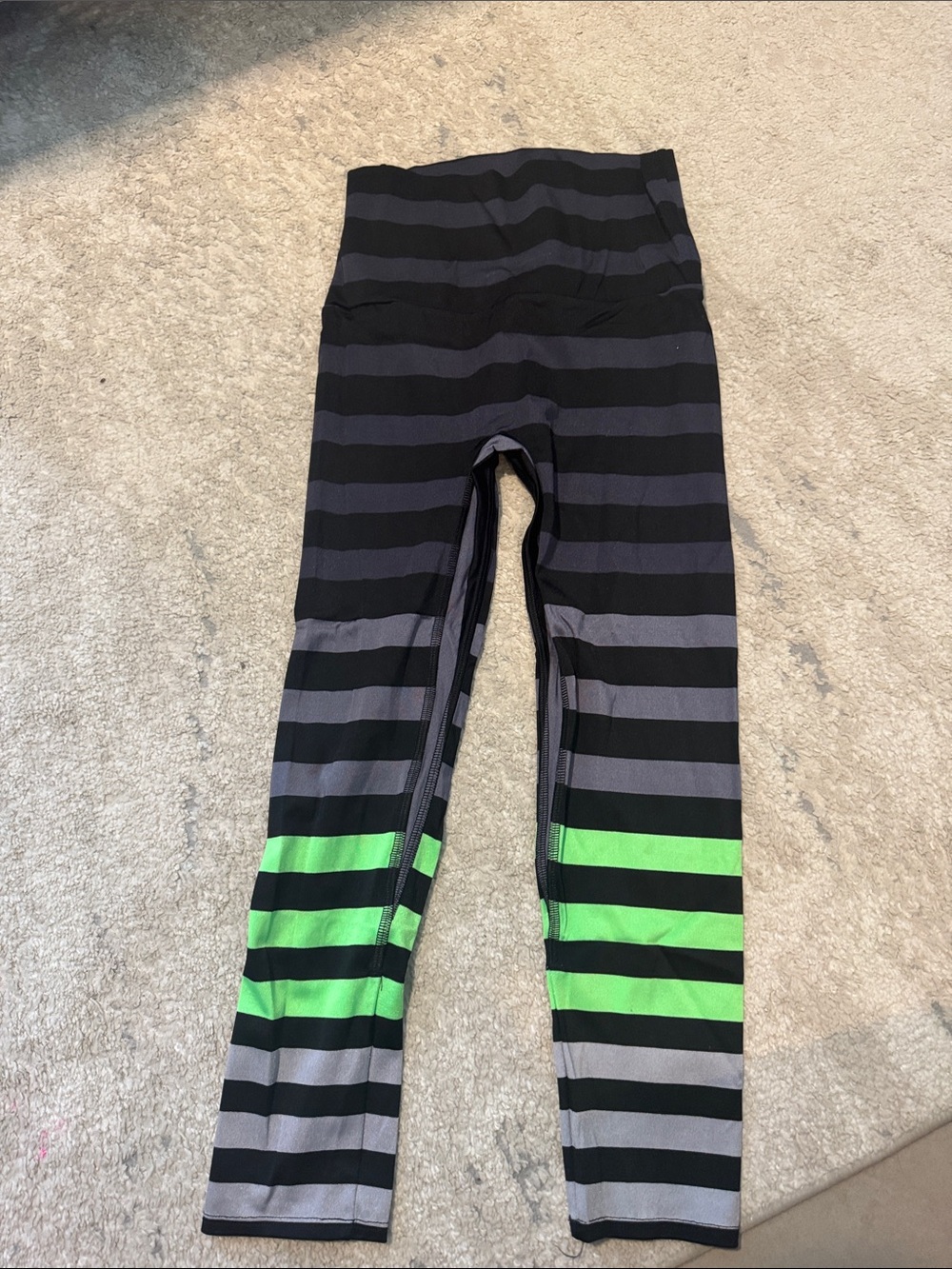 K-DEER Black, Gray & Neon Green Striped Leggings